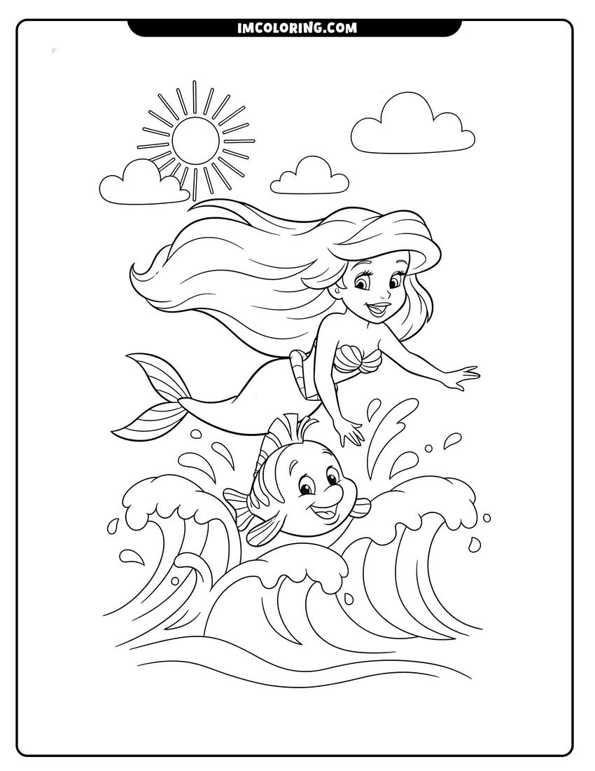 Black and white Ariel and Flounder jumping into ocean waves coloring sheet