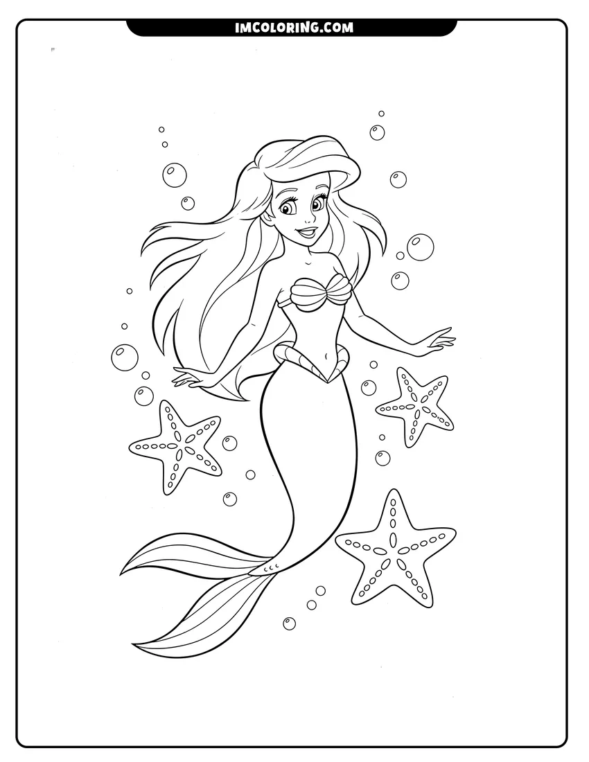 Outline of Ariel floating among starfish and bubbles on a white background