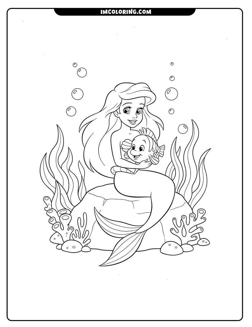 Detailed Ariel holding Flounder near seaweed and coral design for coloring