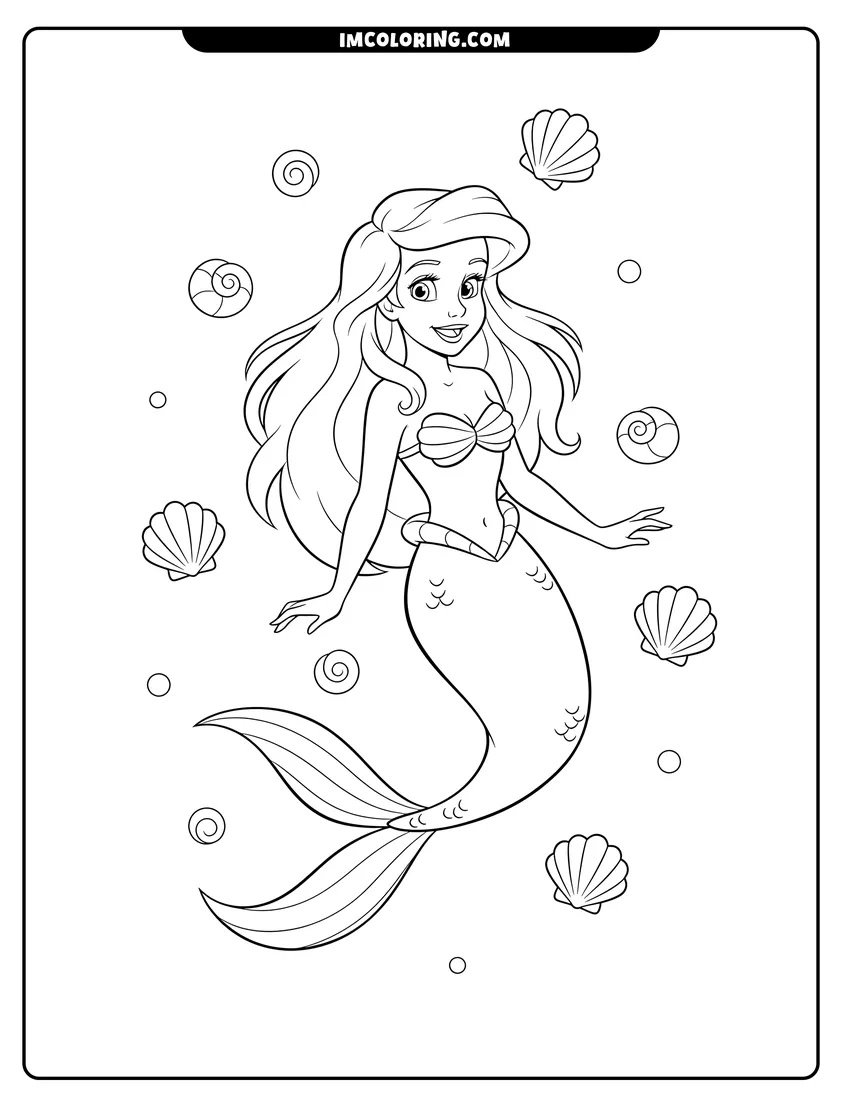 Cute Ariel posing with various seashells in the water outline for coloring