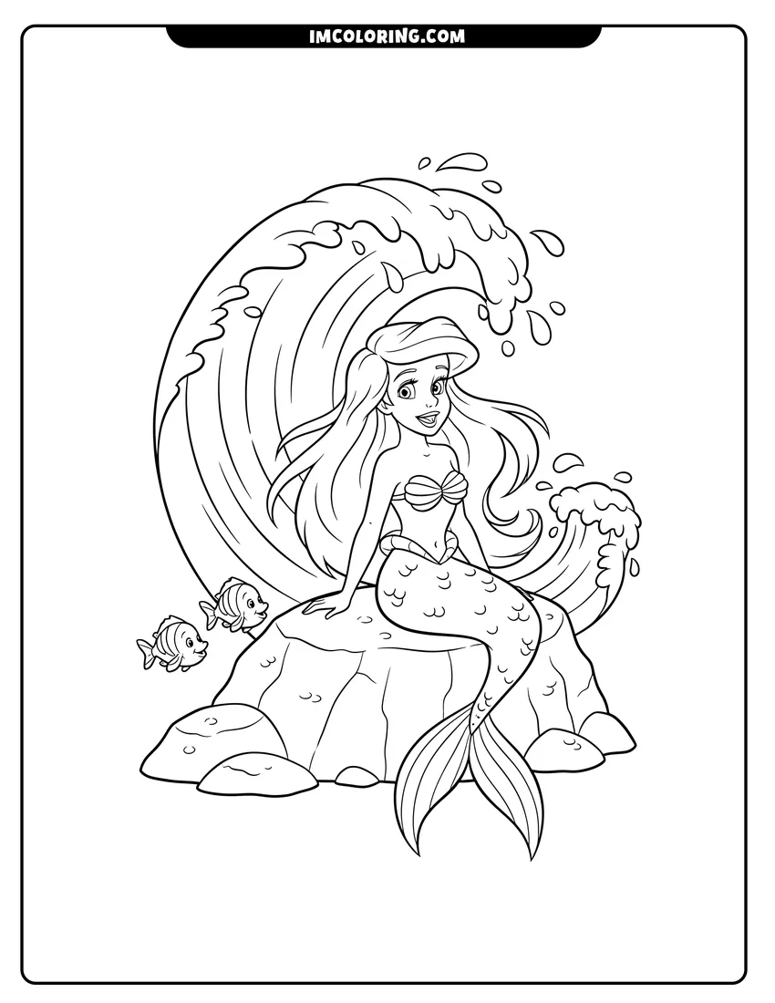Kids activity sheet showing Ariel the mermaid singing on a rock with waves