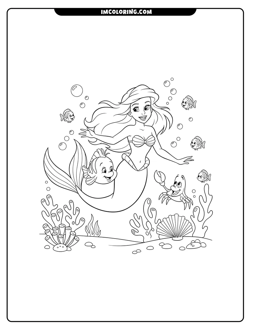 Easy-to-color Ariel swimming with Flounder and Sebastian near coral illustration