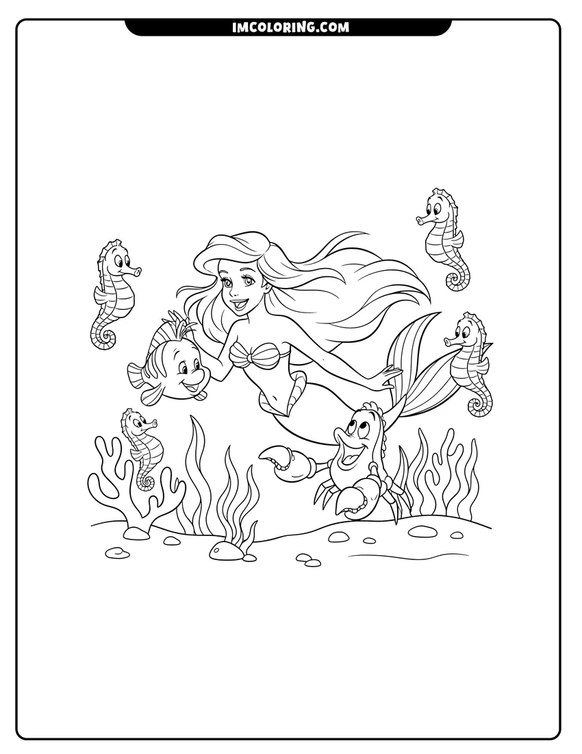 Simple sketch of Ariel swimming with Flounder and seahorses in coral for children