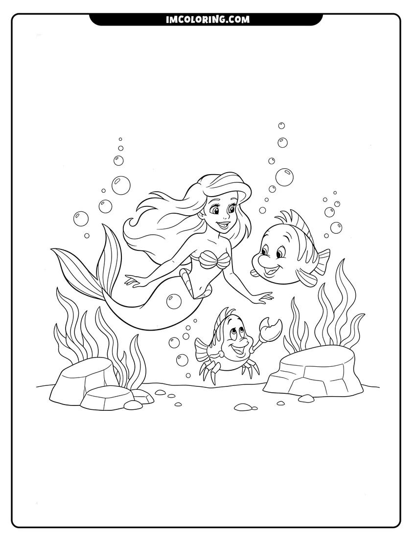 Printable outline of Ariel swimming with Flounder and Sebastian underwater