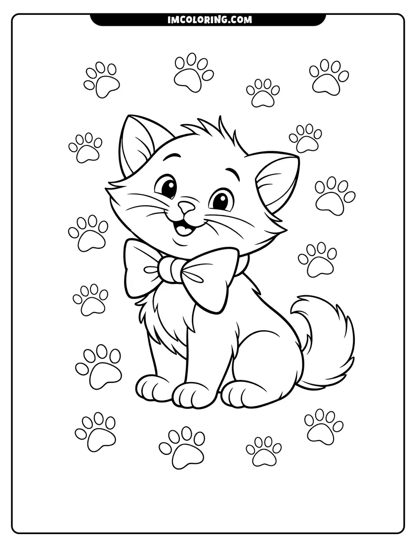 Scene showing Smiling Berlioz the kitten with a background of paw prints to color