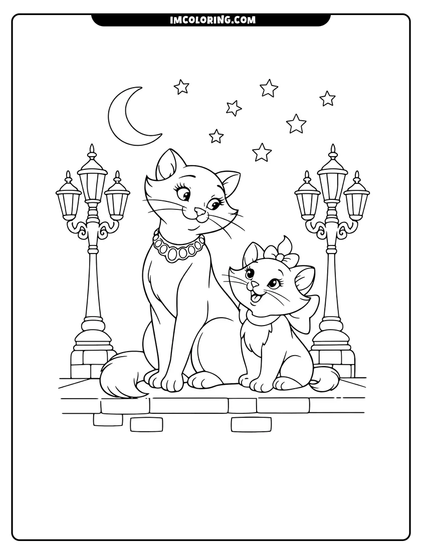 Printable coloring page featuring Duchess and Marie sitting between two Parisian lampposts