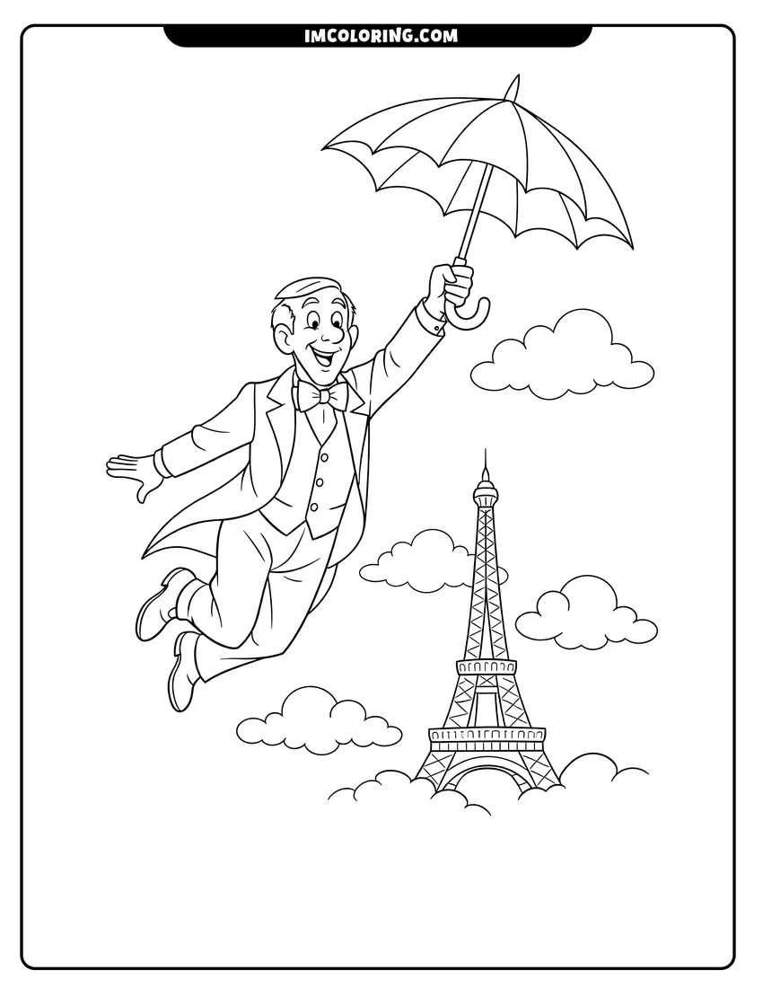 Kids activity sheet showing Edgar Balthazar floating in the sky with an umbrella