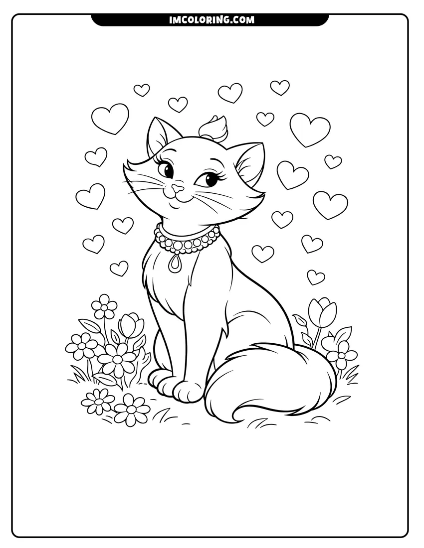 Duchess sitting in flowers with floating hearts background coloring page for preschoolers