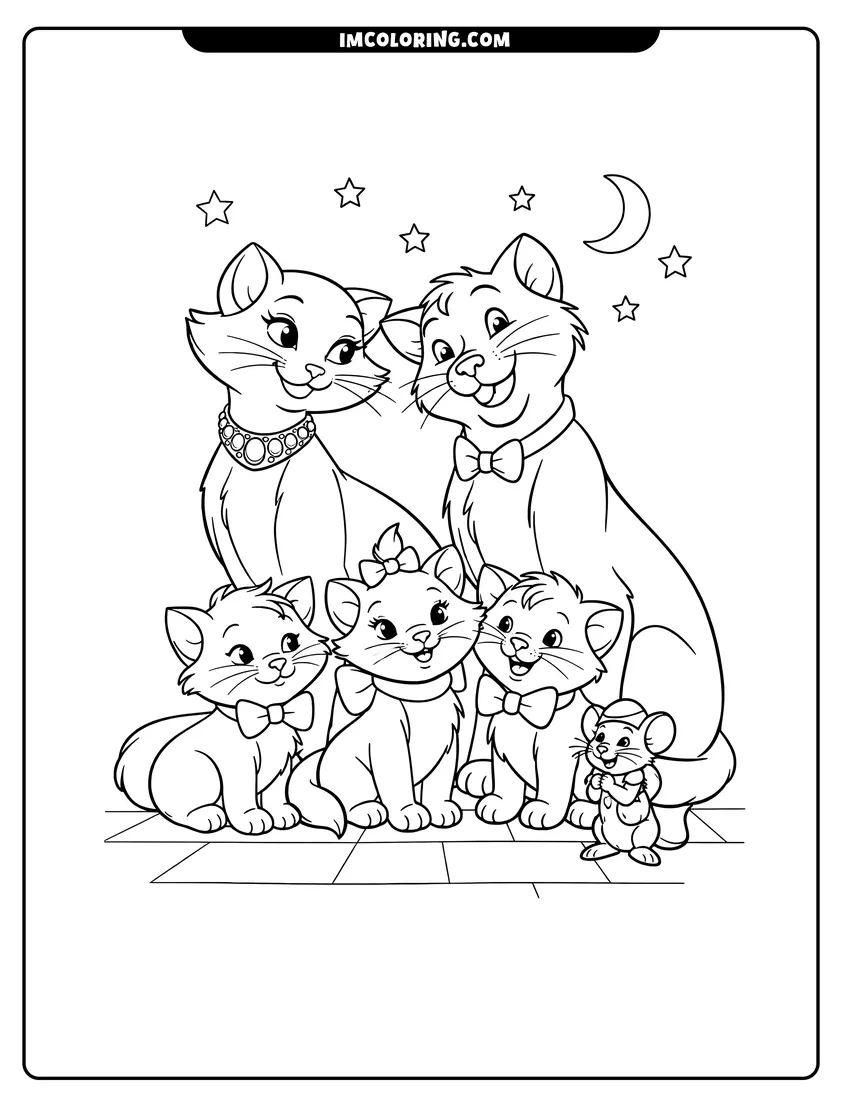 Printable Duchess, Thomas, kittens, and Roquefort the mouse together coloring activity