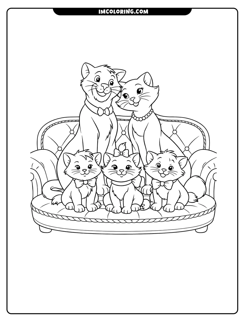 Black and white The Aristocats family posing together on a sofa coloring sheet