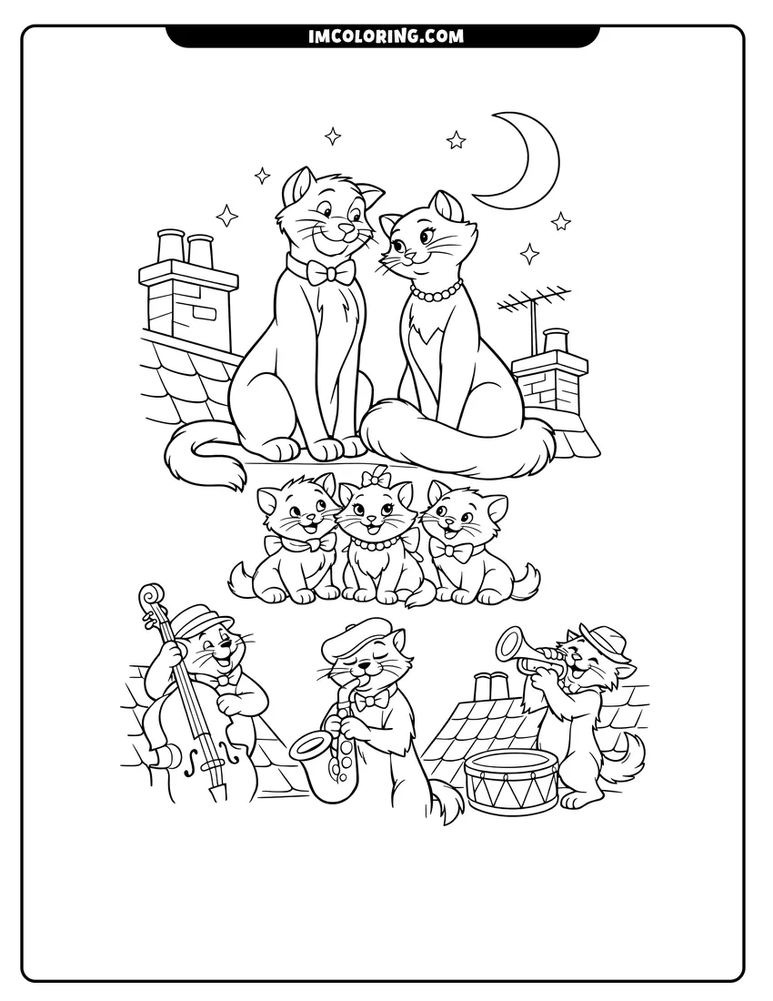 Illustration of Thomas, Duchess, and jazz cats on Parisian rooftops ready for painting
