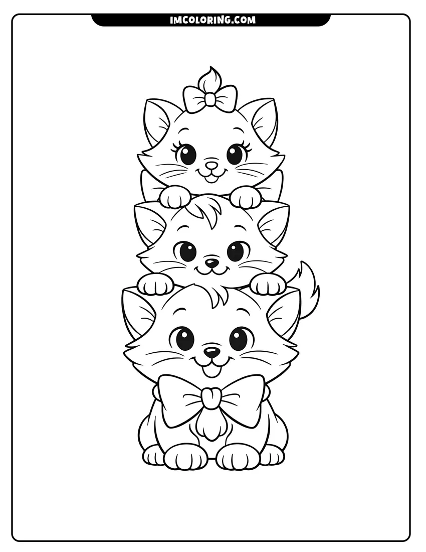Simple sketch of A stack of kawaii Marie, Berlioz, and Toulouse for children