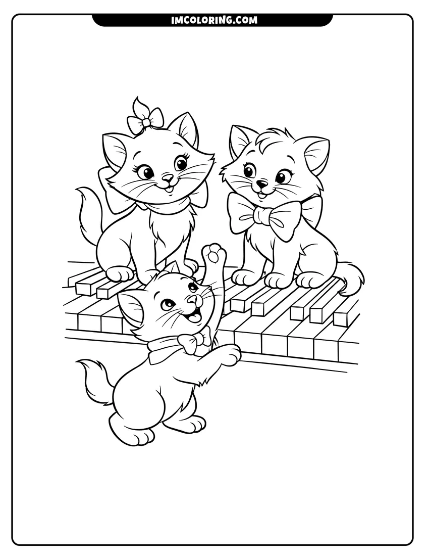 Detailed Marie, Berlioz, and Toulouse kittens on grand piano keys design for coloring