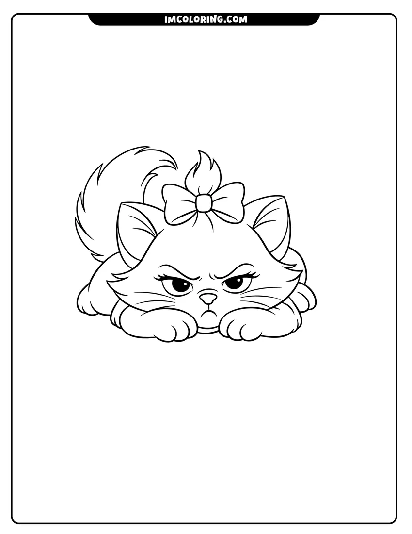 Kawaii style Grumpy Marie the kitten pouting on her paws coloring picture