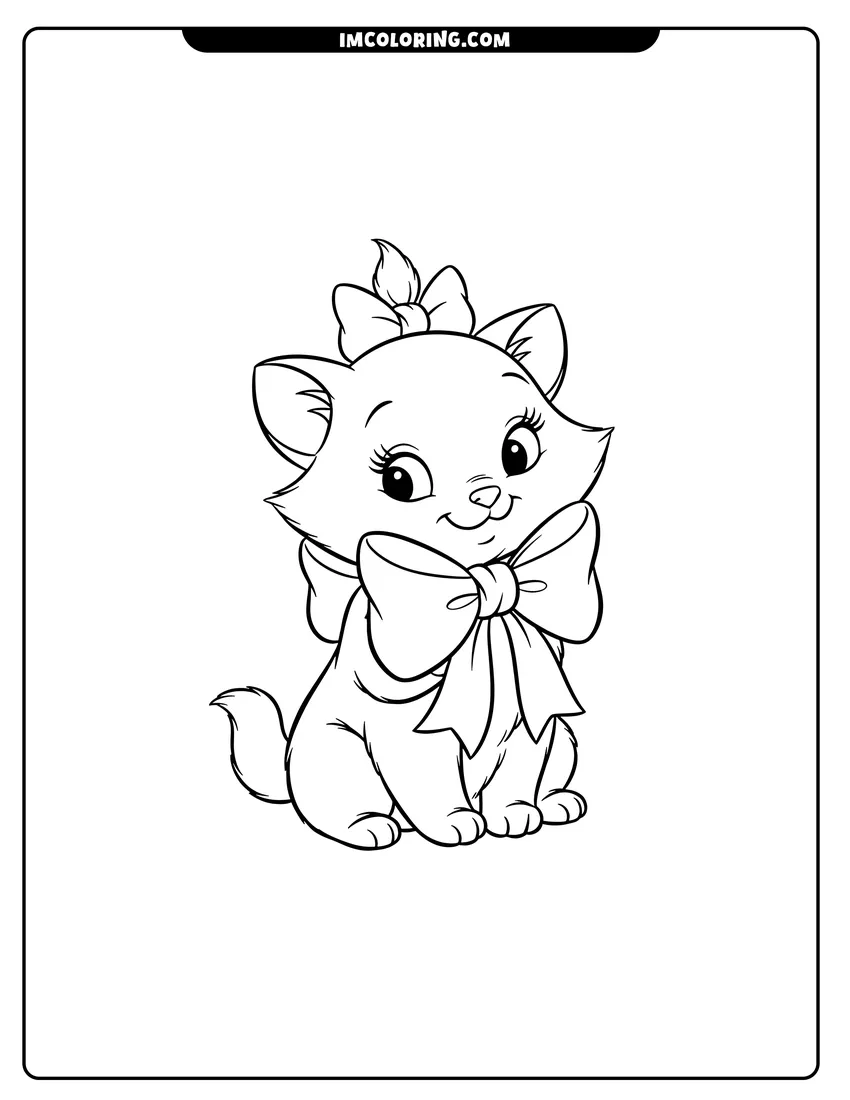 Simple line drawing of Kawaii Marie kitten holding her large neck bow