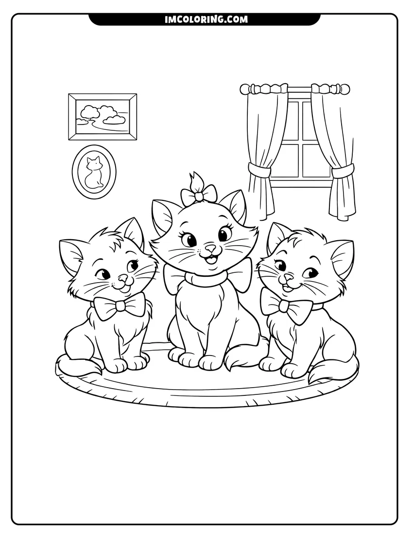 Easy-to-color Berlioz, Marie, and Toulouse posing in a Parisian room illustration