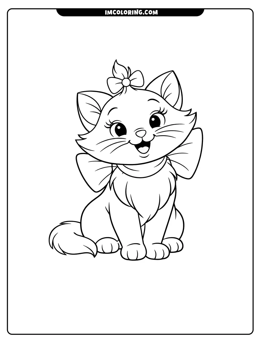 Line art depicting Sweet white kitten Marie sitting with a happy expression