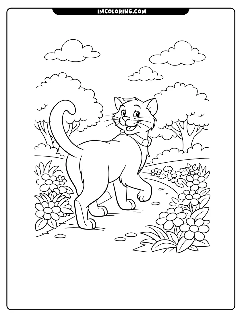 Outline of Thomas O'Malley walking on a path in the park on a white background