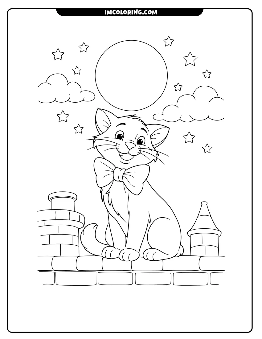 Detailed Thomas O'Malley sitting on a rooftop under a full moon design for coloring
