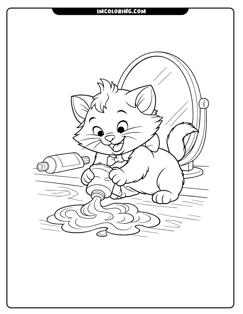 Easy-to-color Toulouse the kitten playing with a tube of toothpaste illustration