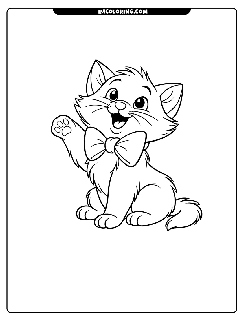 Playful Toulouse the kitten with a large bow tie drawing meant for coloring