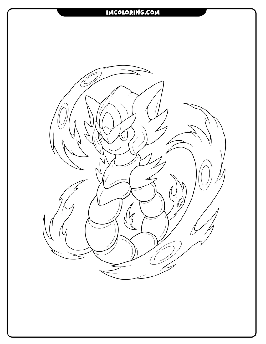 Cute Mega Arceus with armored head and flame appendages outline for coloring