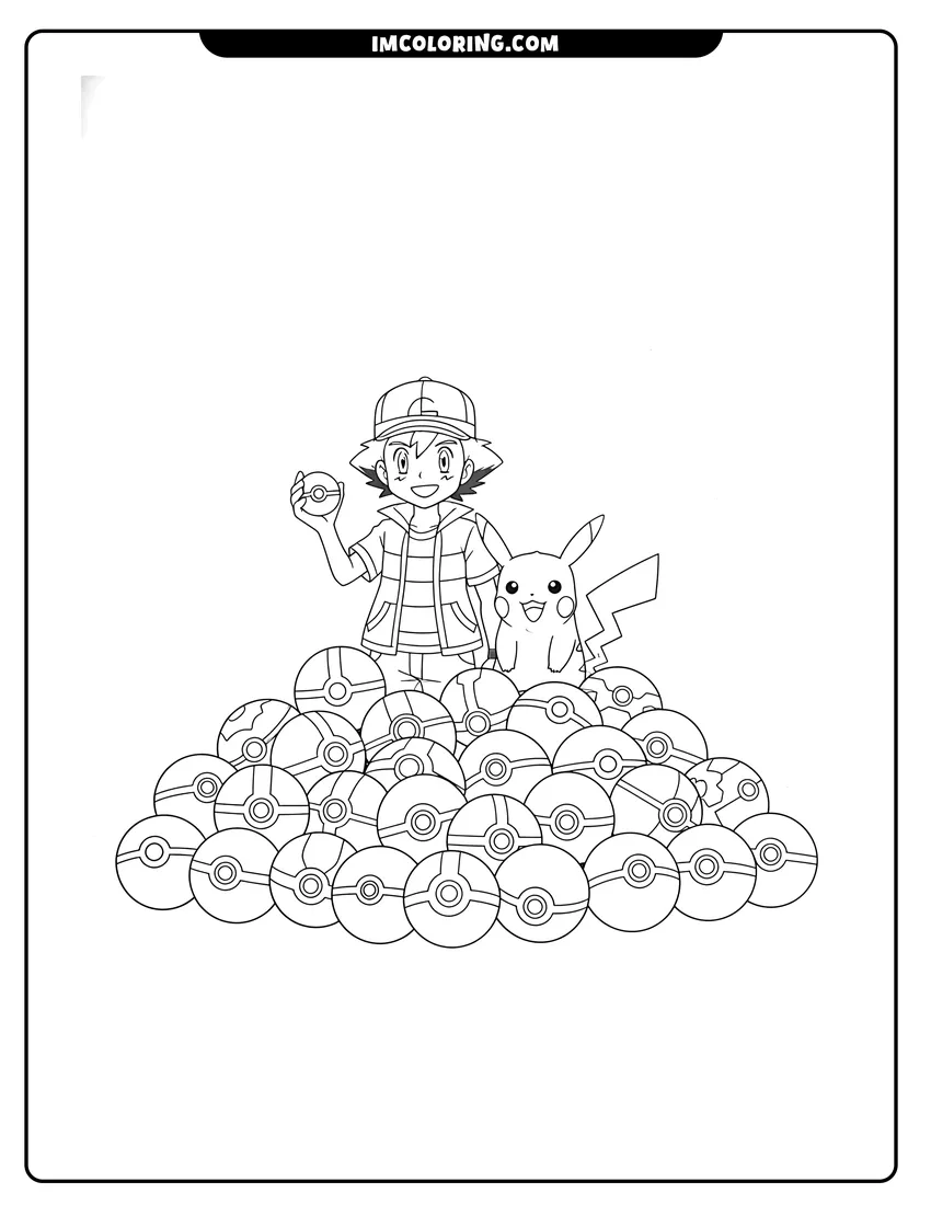 Black and white Ash Ketchum in Alola outfit with Pikachu coloring sheet