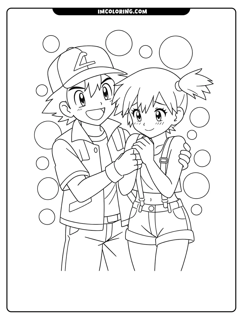 Simple line drawing of Ash Ketchum and Misty standing together
