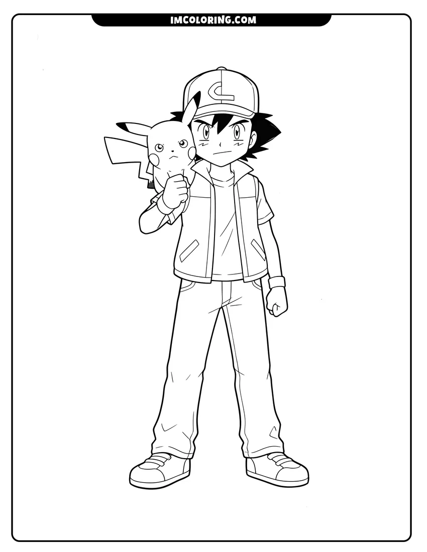 Line art depicting Close up portrait of Ash Ketchum and Pikachu