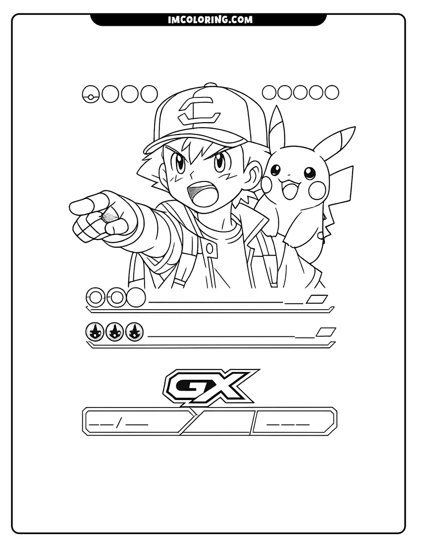 Detailed Ash Ketchum and Pikachu on custom GX card design for coloring
