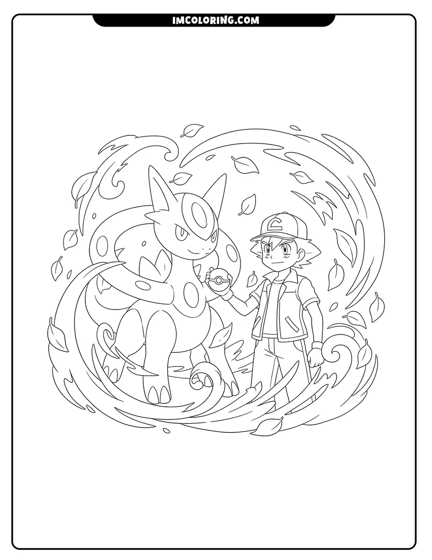 Ash Ketchum facing Arceus with a Pokeball in wind drawing meant for coloring