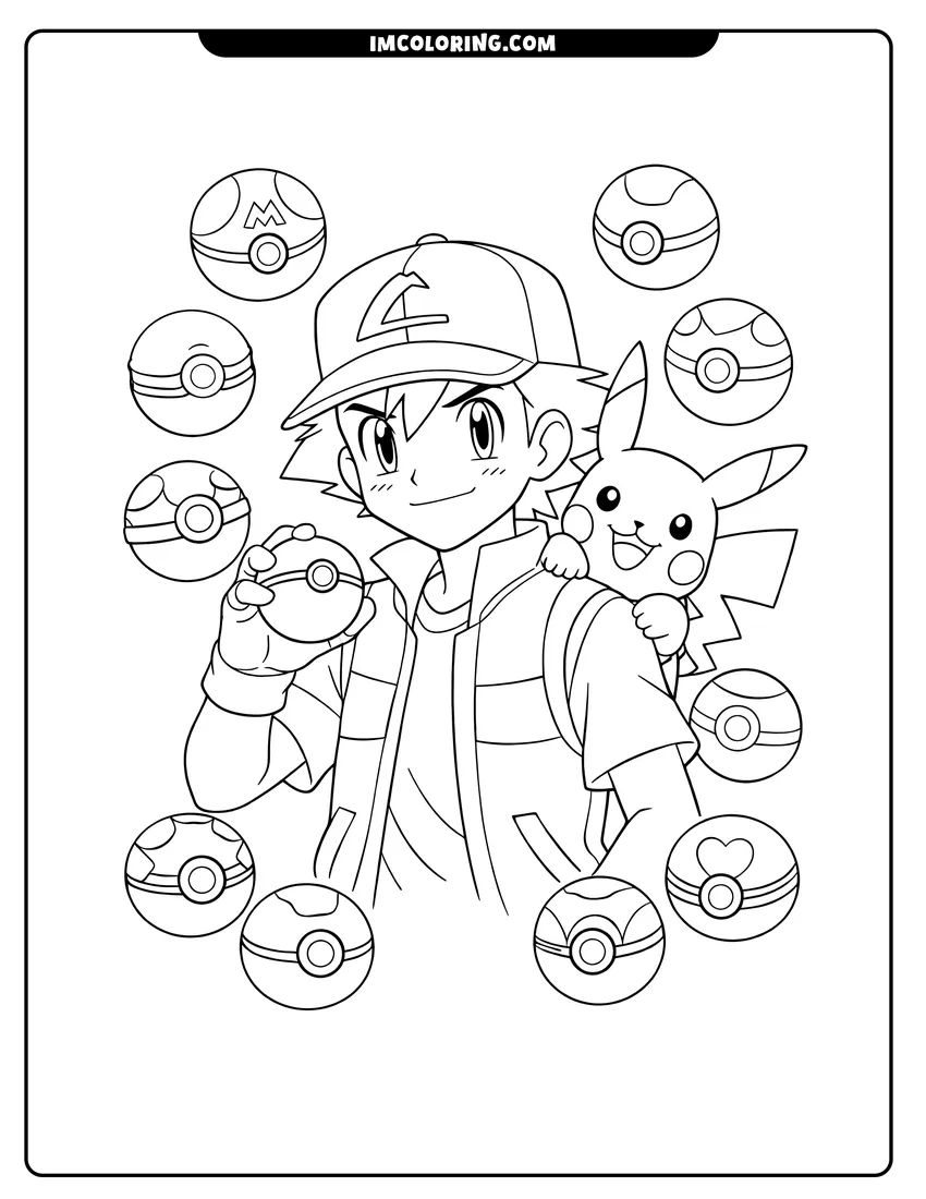 Line art depicting Ash Ketchum holding Poké Ball with Pikachu