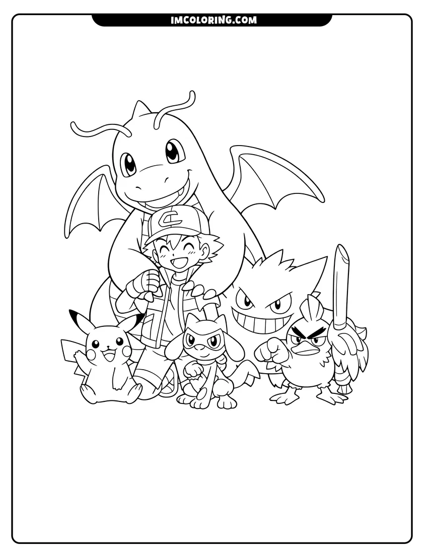 Ash Ketchum with Dragonite and Gengar team drawing meant for coloring