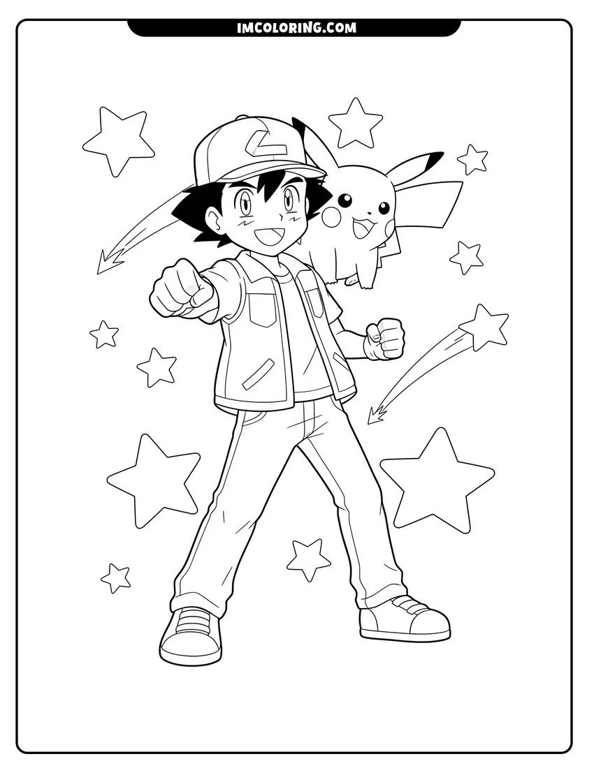 Printable outline of Ash Ketchum with Pikachu and starry background