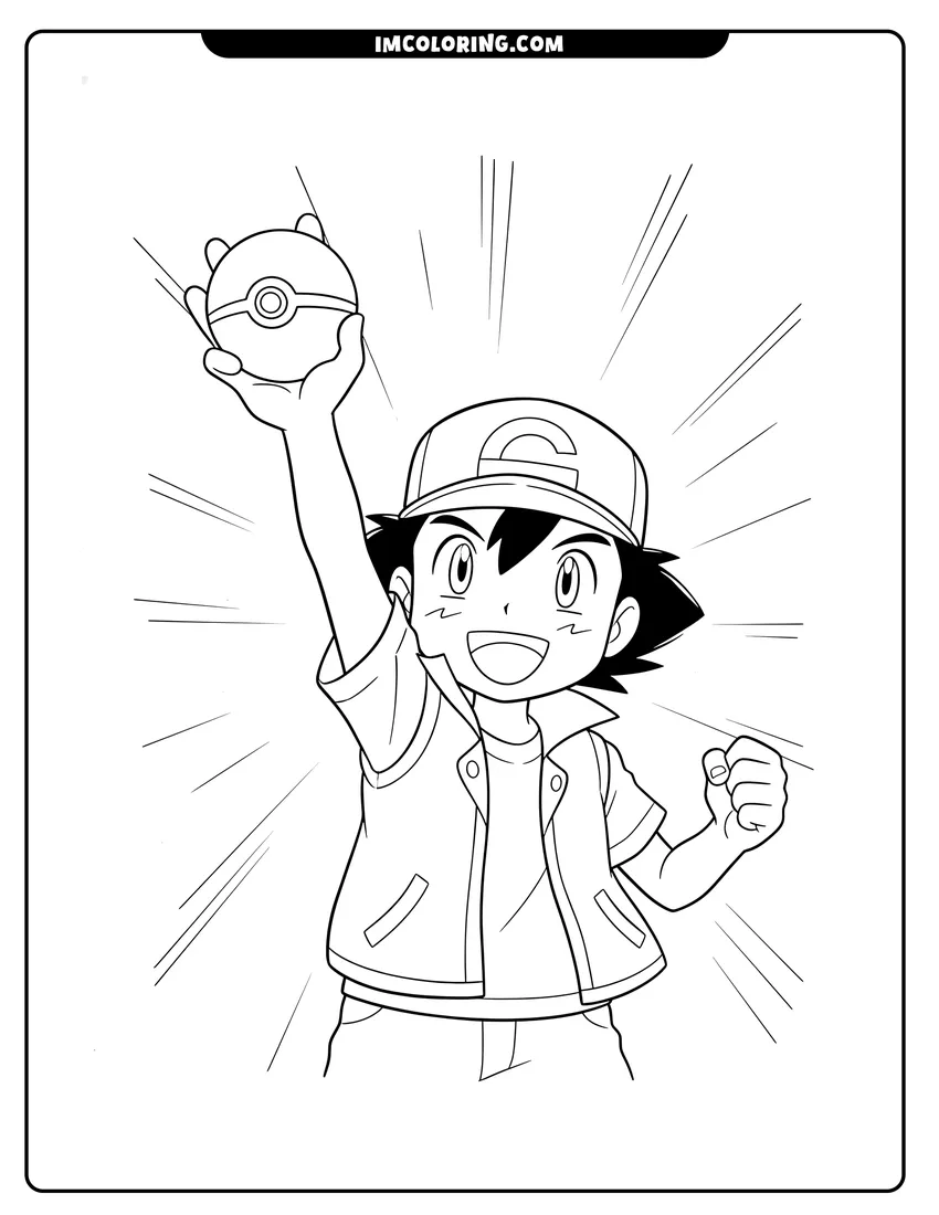 Kids activity sheet showing Ash Ketchum raising a Poké Ball high