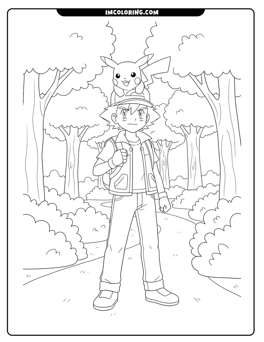 Easy-to-color Ash Ketchum with Pikachu on his head illustration