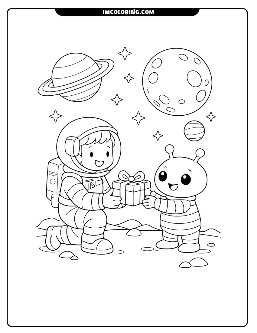 Illustration of Astronaut and alien exchanging a gift on a planet ready for painting