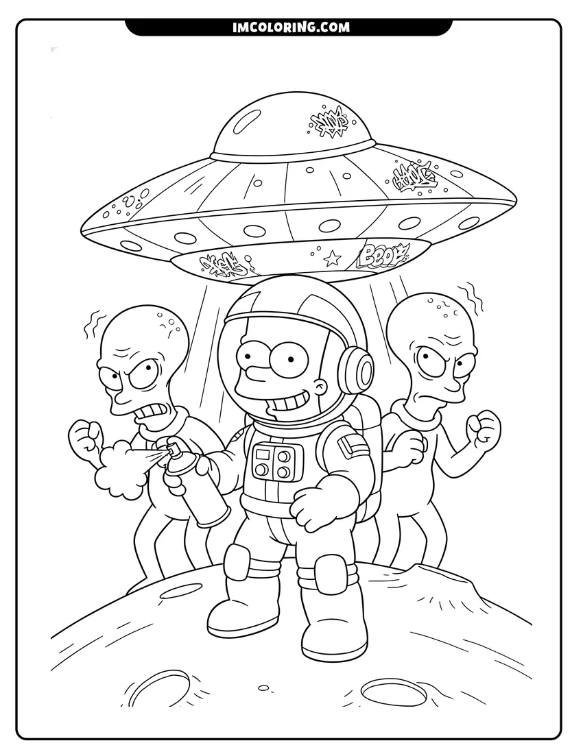 Coloring sheet of Bart Simpson in an astronaut suit on another planet for kids