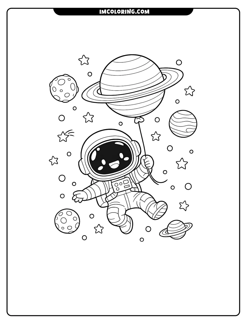 Outline of Cartoon astronaut holding a Saturn shaped balloon on a white background