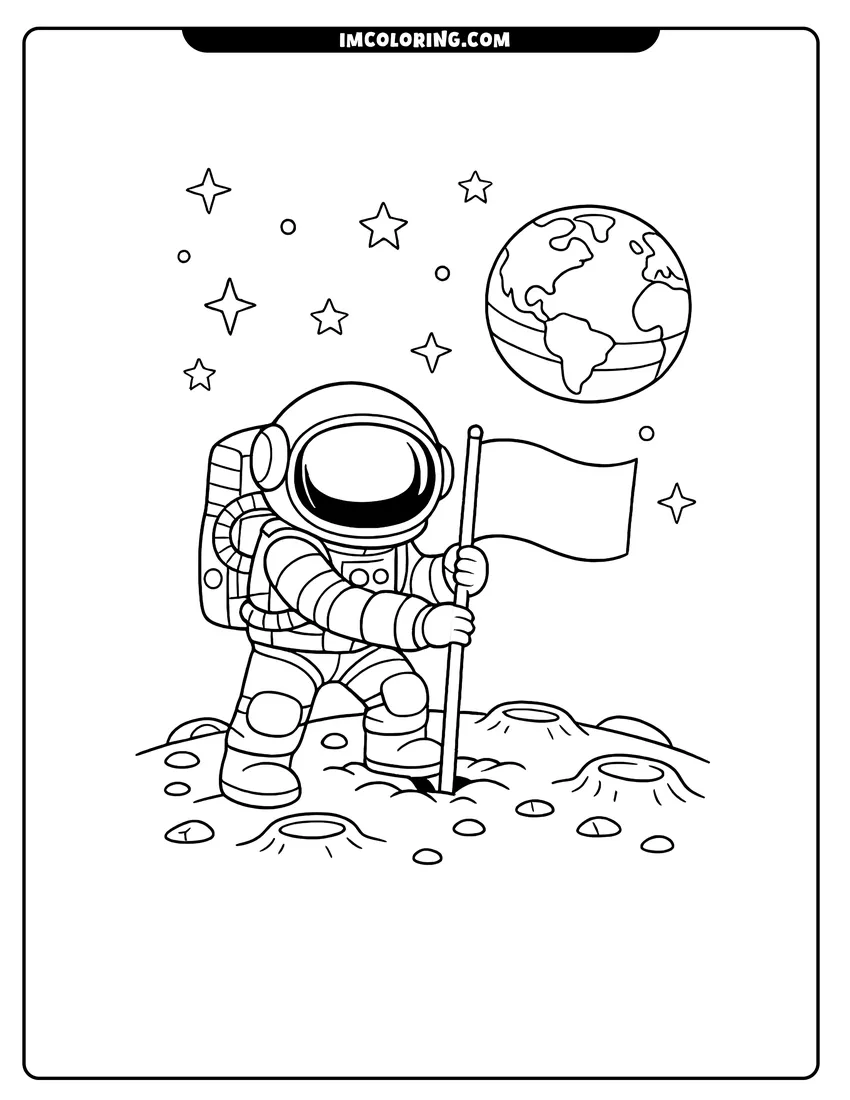 Kids activity sheet showing Astronaut planting a flag on the lunar surface