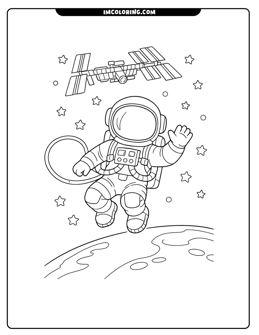 Printable coloring page featuring Astronaut floating near the International Space Station