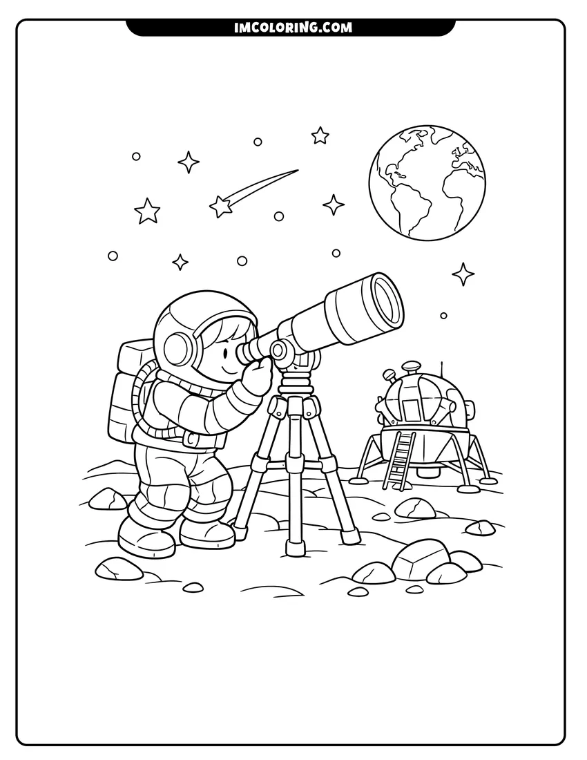 Astronaut looking through a telescope on a rocky planet drawing meant for coloring