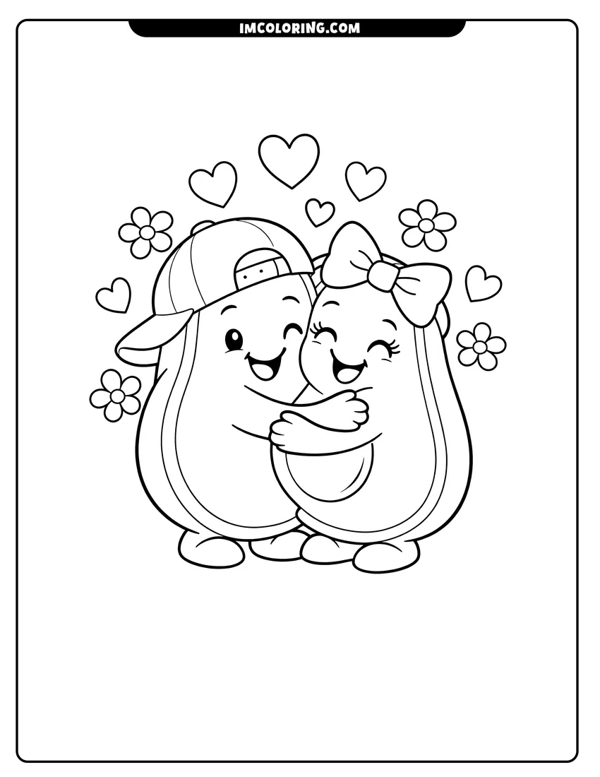 Simple sketch of Two avocado characters hugging with hearts and flowers around for children