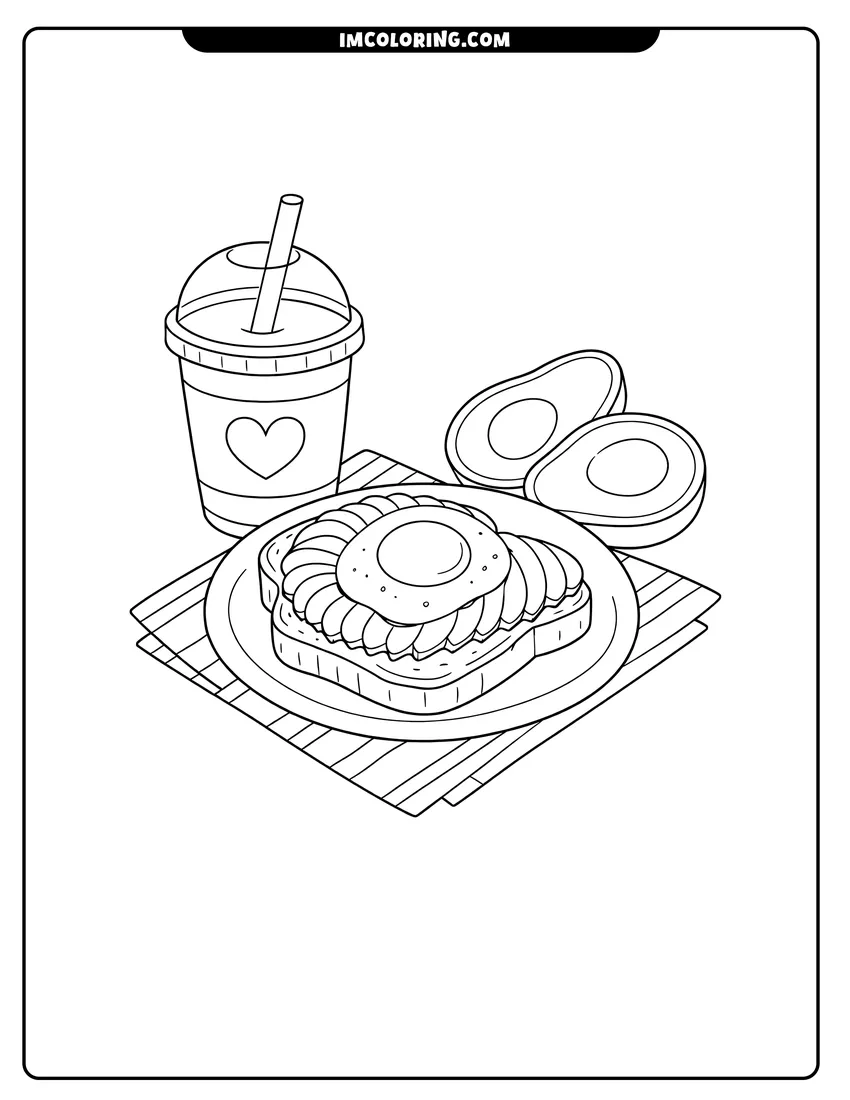Kids activity sheet showing Plate of avocado toast next to a healthy smoothie
