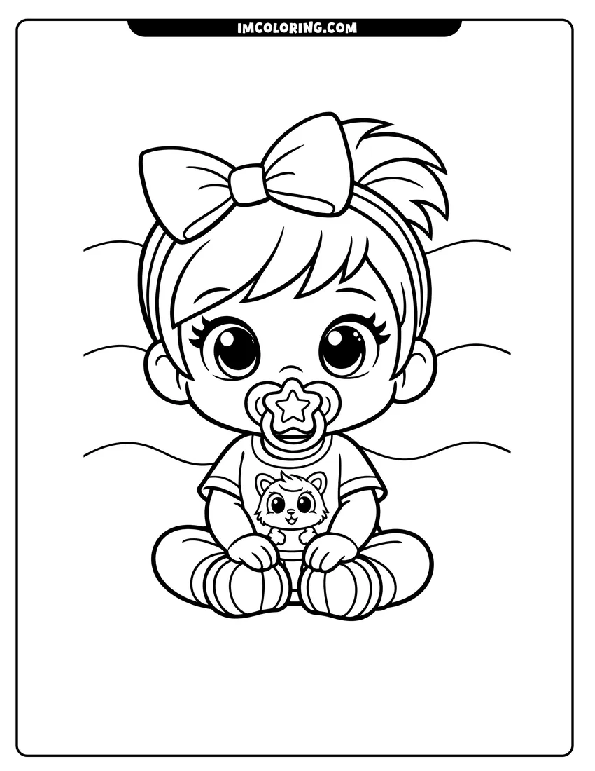 Cute Baby Abby Hatcher sitting with a pacifier outline for coloring