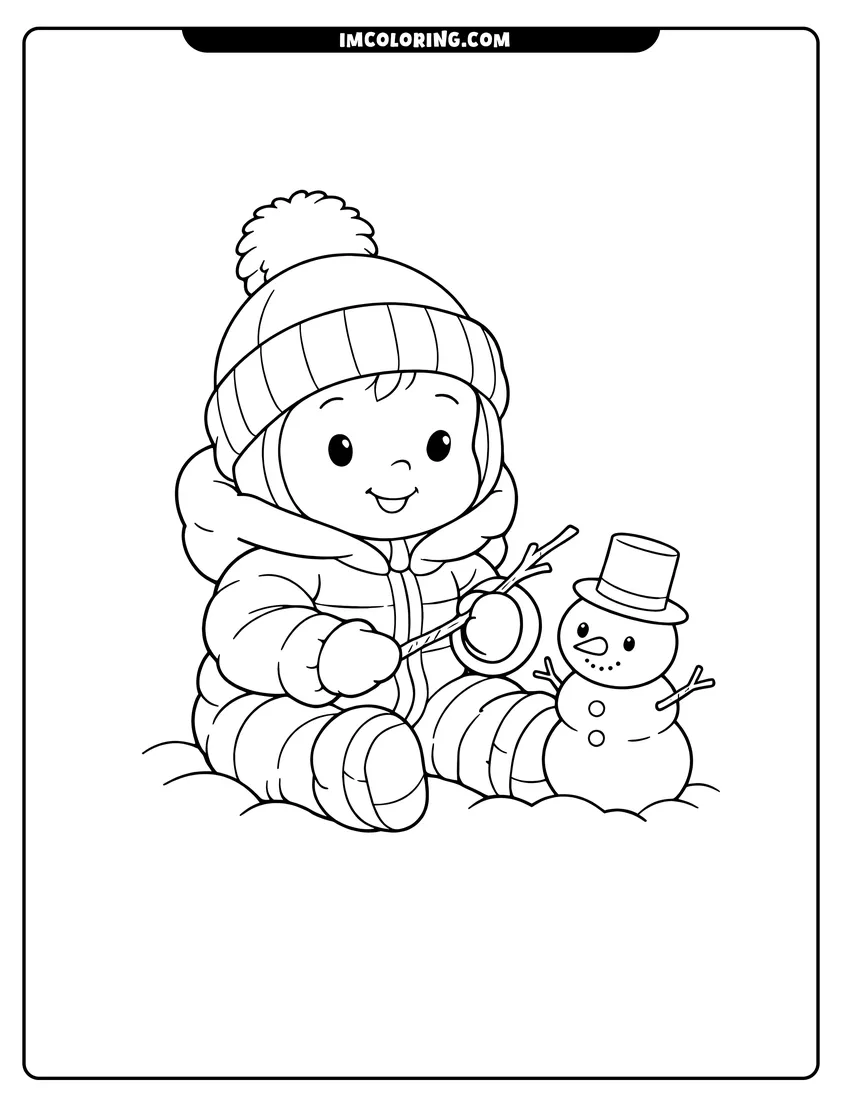 Kids activity sheet showing Baby in snowsuit sitting next to a tiny snowman