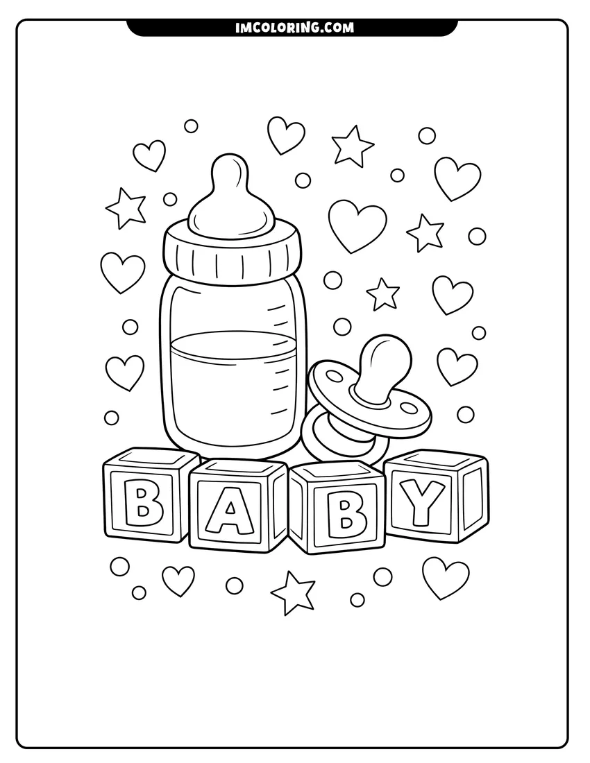 Outline of Baby bottle, pacifier, and toy blocks spelling BABY on a white background