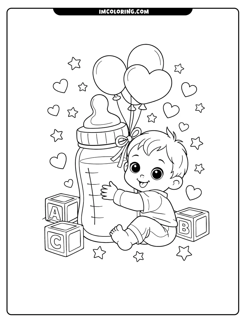 Simple sketch of Baby boy hugging a milk bottle with balloons for children