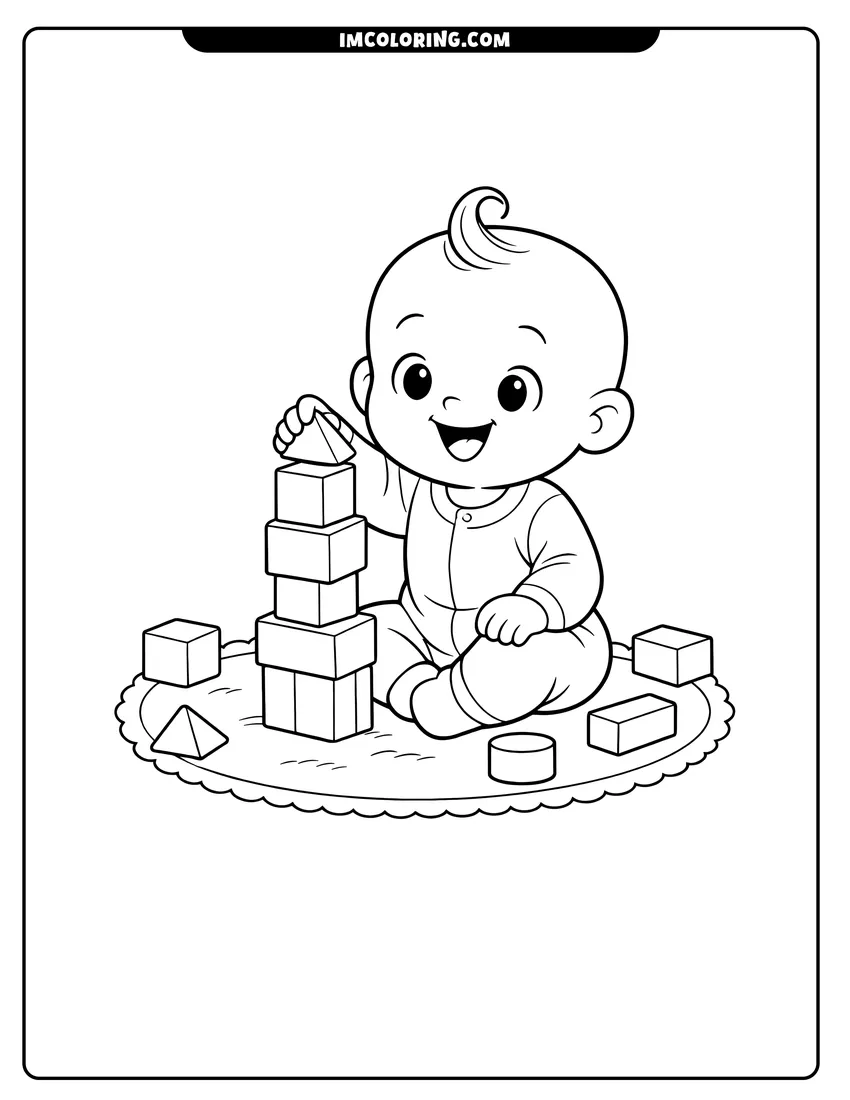 Baby in onesie building a tower with blocks drawing meant for coloring