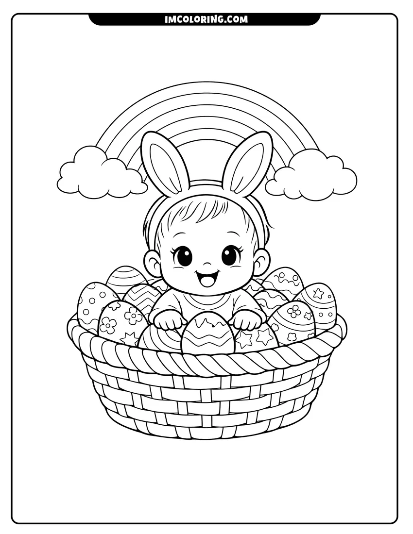 Coloring sheet of Baby with bunny ears in an Easter basket for kids